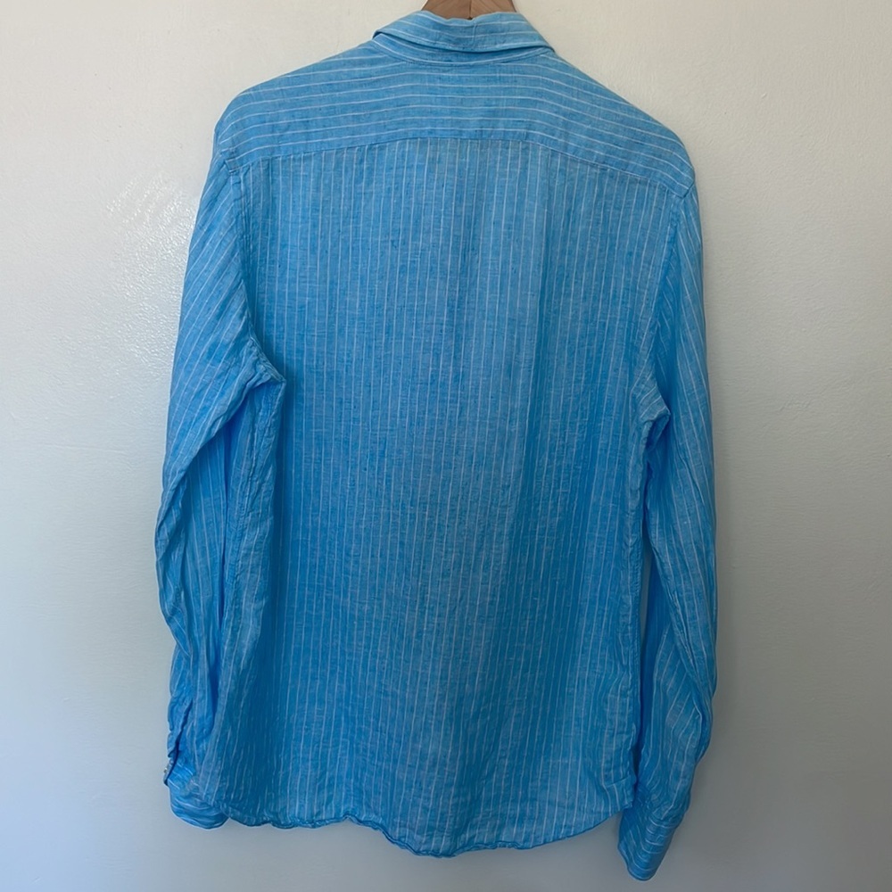 XACUS | 100% Linen Made in Italy Blue Stripe Button Down Resort Shirt 15 3/4 40 - Picture 5 of 9